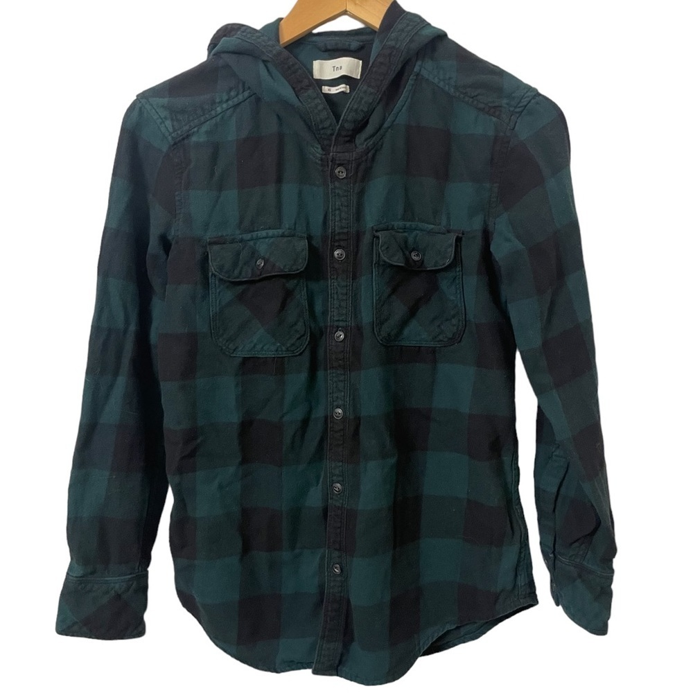 TNA green plaid Buffalo check  hooded button down shirt XS